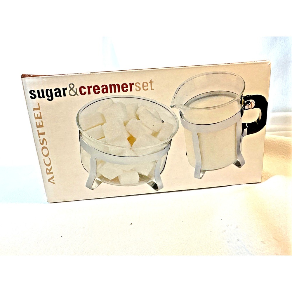 Arcosteel Sugar & Creamer Set Glass Chrome Modern Coffee Tea Serving